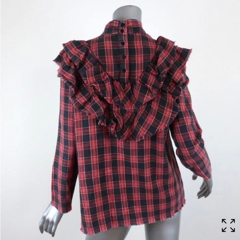 ZARA PLAID RUFFLE TOP RED/GRAY - Picture 3 of 8